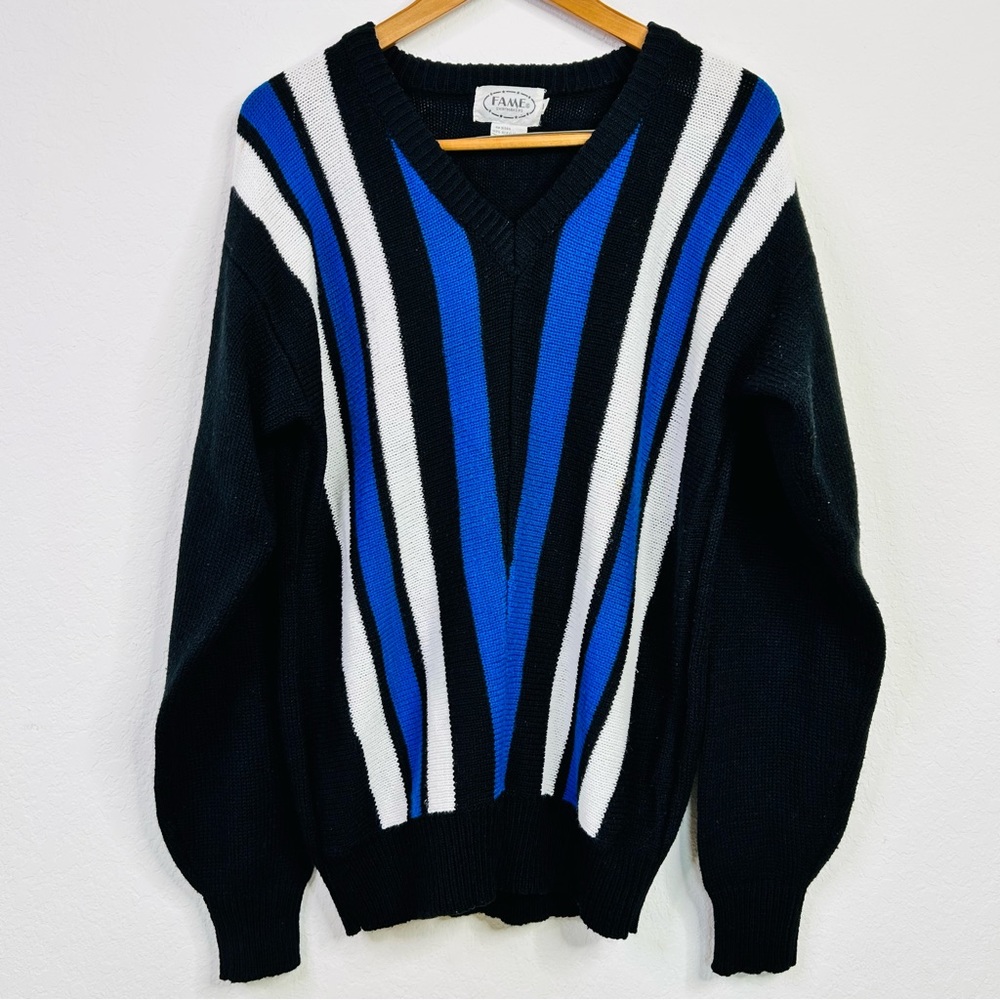 90s Slouchy Striped V-Neck Sweater Fame Shirtmakers Knitwear Retro Vintage